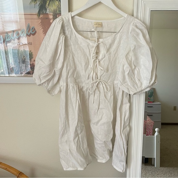 Marlow & Mae Markets Tie Puff Sleeve Linen Babydoll Mini Dress AU XXS US 0-2 NEW - Picture 7 of 10